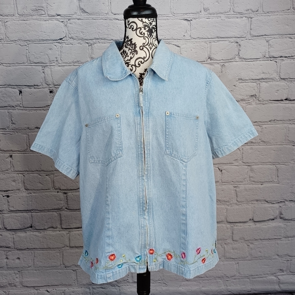 Denim & Co women's short sleeve zip front jean jacket plus size 1x pockets b19